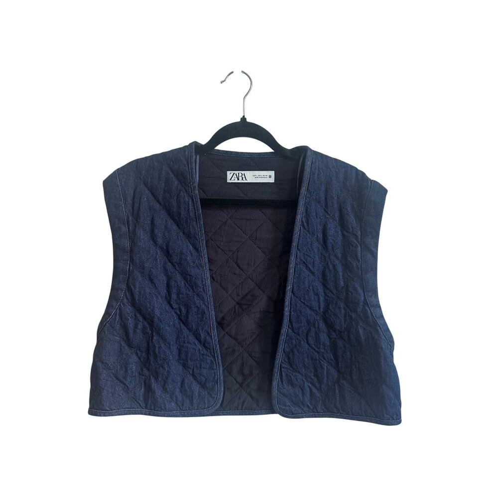 Zara Quilted Blue Denim Look Cropped Vest Sz L Open Front Comfy